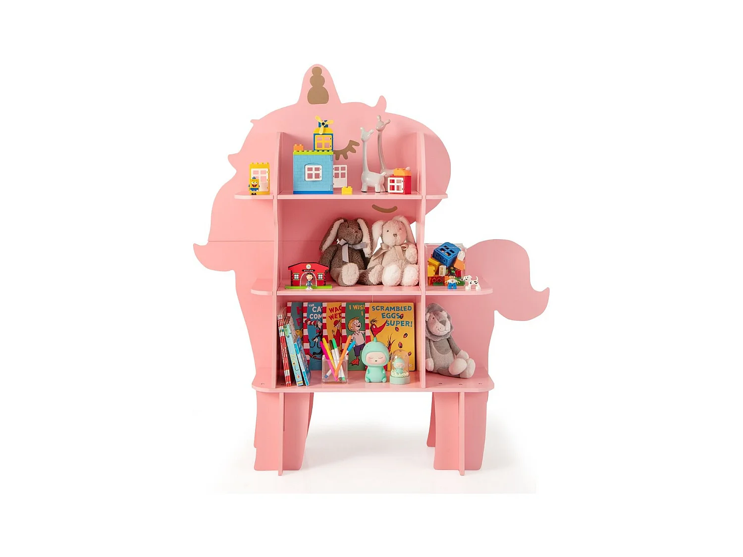 Étagère à Livres à 3 Niveaux en Forme Unicorne avec Étagères Ouvertes Bibliothèque avec Dispositif Anti-Basculement pour 3-12 Ans Rose