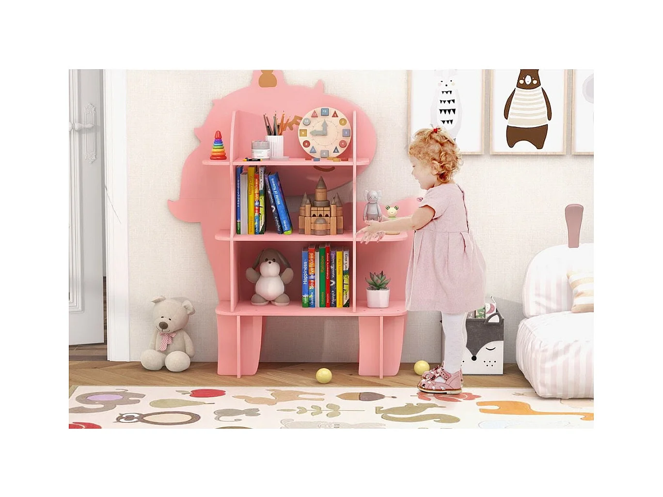Étagère à Livres à 3 Niveaux en Forme Unicorne avec Étagères Ouvertes Bibliothèque avec Dispositif Anti-Basculement pour 3-12 Ans Rose