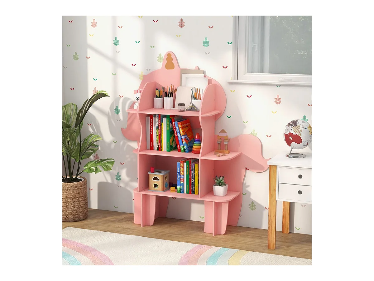 Étagère à Livres à 3 Niveaux en Forme Unicorne avec Étagères Ouvertes Bibliothèque avec Dispositif Anti-Basculement pour 3-12 Ans Rose