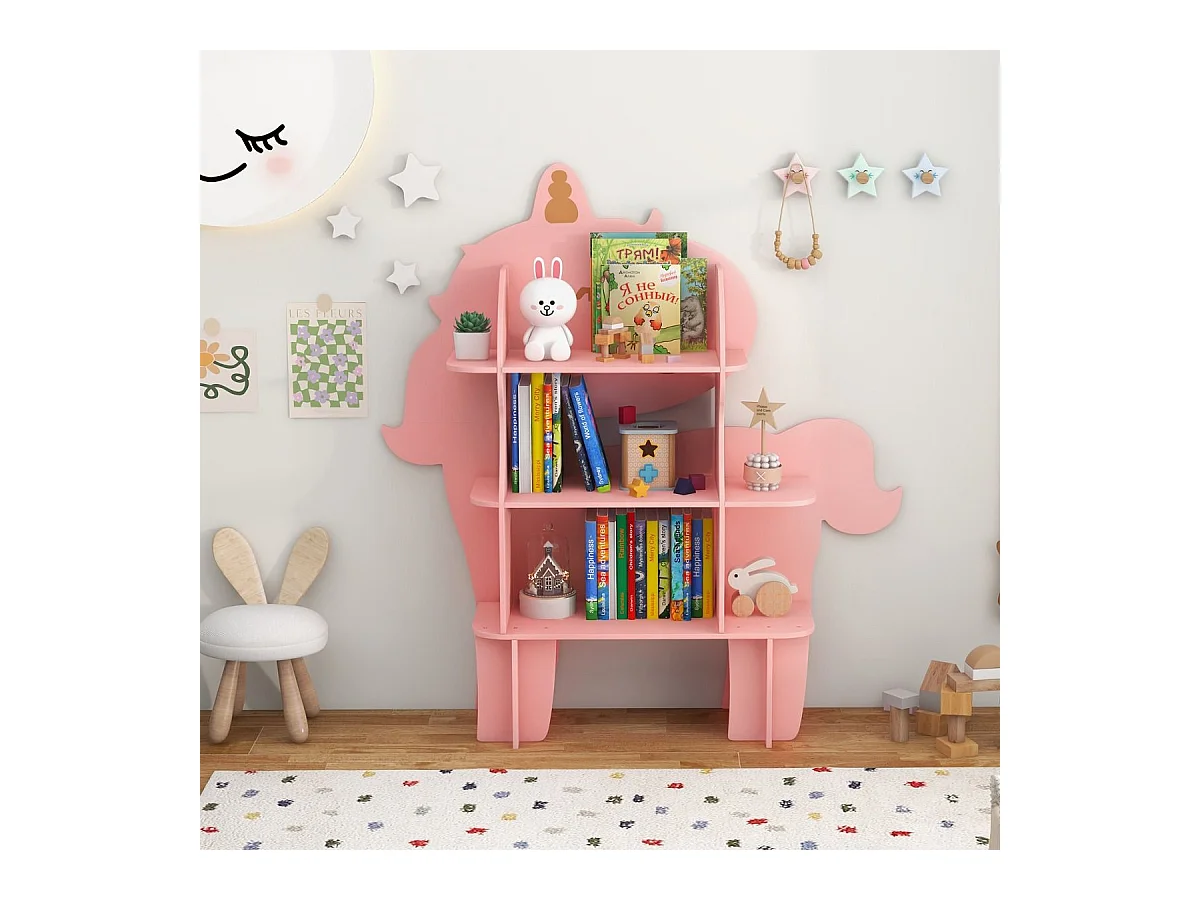 Étagère à Livres à 3 Niveaux en Forme Unicorne avec Étagères Ouvertes Bibliothèque avec Dispositif Anti-Basculement pour 3-12 Ans Rose