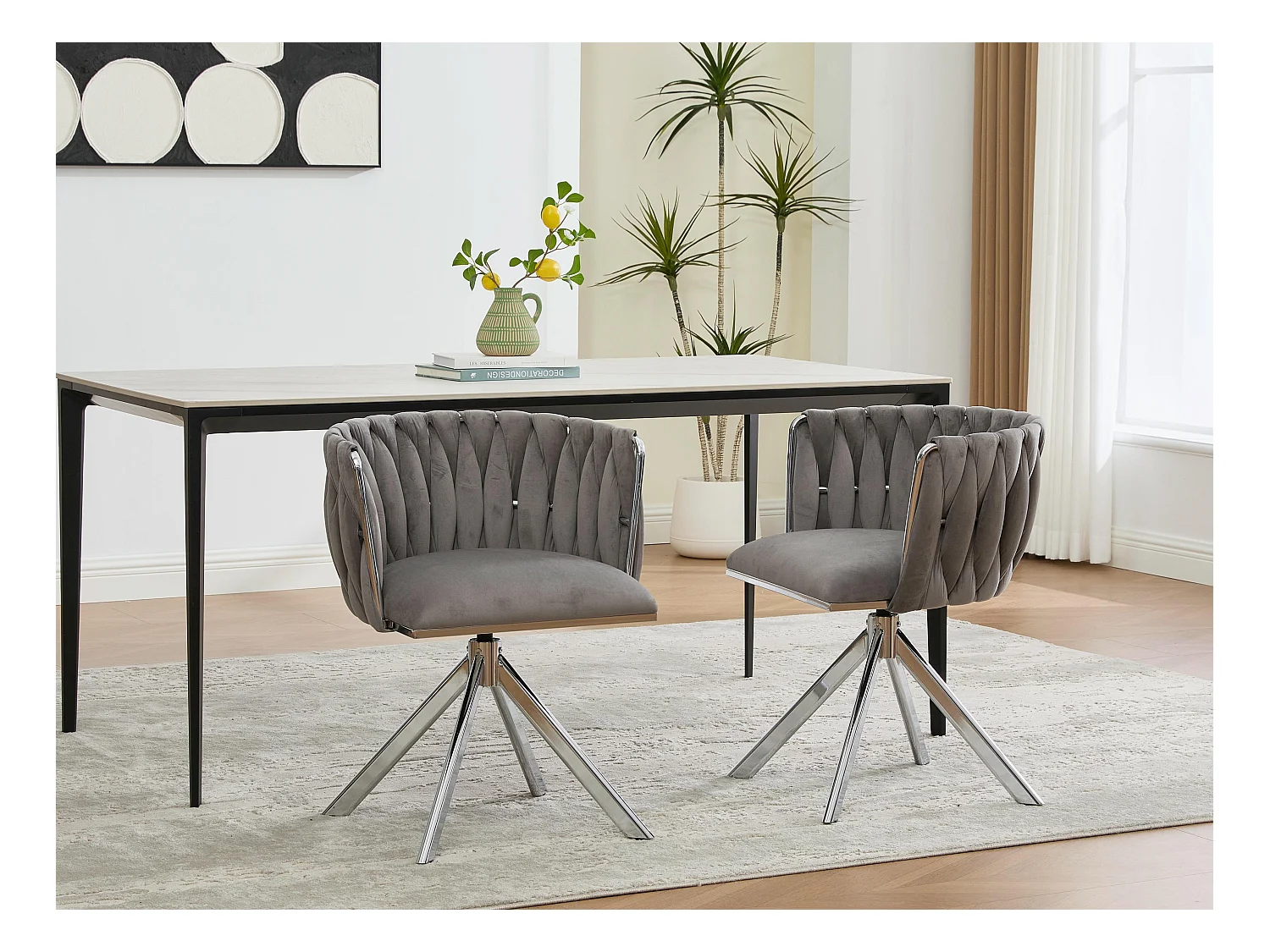 Lot de 2 Chaises pivotante grises - Chaise coquillage avec pieds en métal argenté - Style contemporain