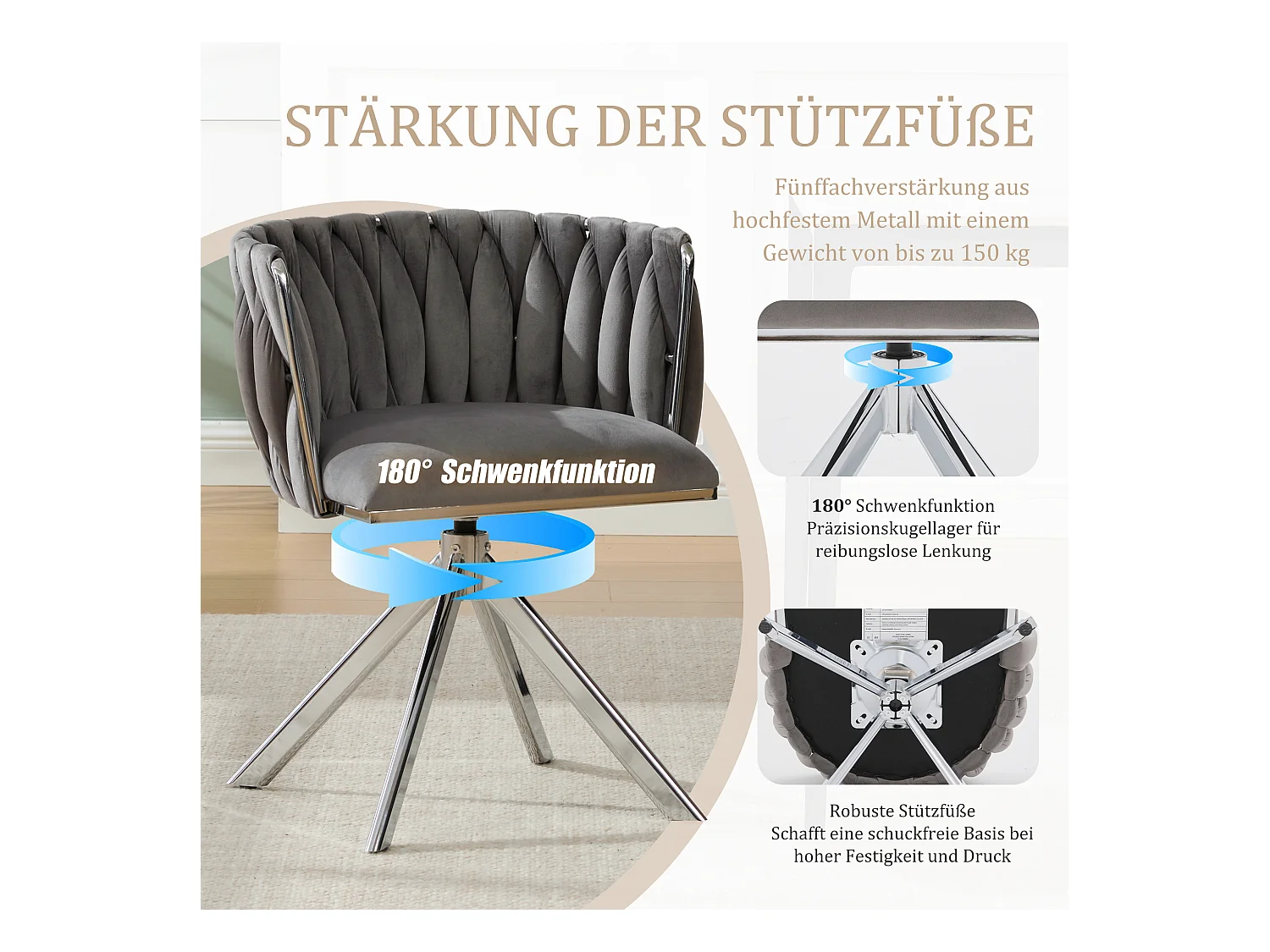 Lot de 2 Chaises pivotante grises - Chaise coquillage avec pieds en métal argenté - Style contemporain