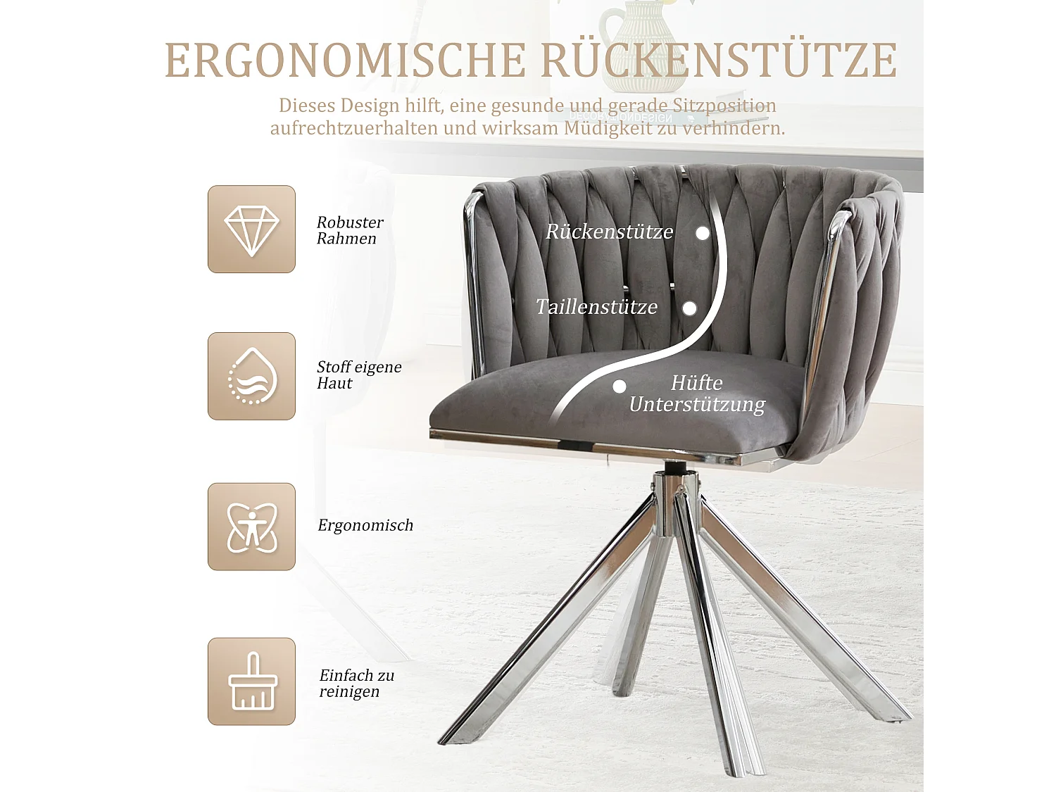 Lot de 2 Chaises pivotante grises - Chaise coquillage avec pieds en métal argenté - Style contemporain