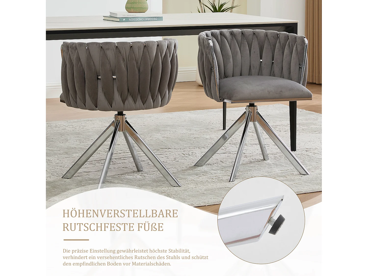 Lot de 2 Chaises pivotante grises - Chaise coquillage avec pieds en métal argenté - Style contemporain