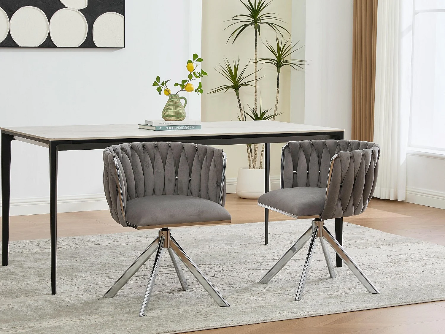 Lot de 2 Chaises pivotante grises - Chaise coquillage avec pieds en métal argenté - Style contemporain