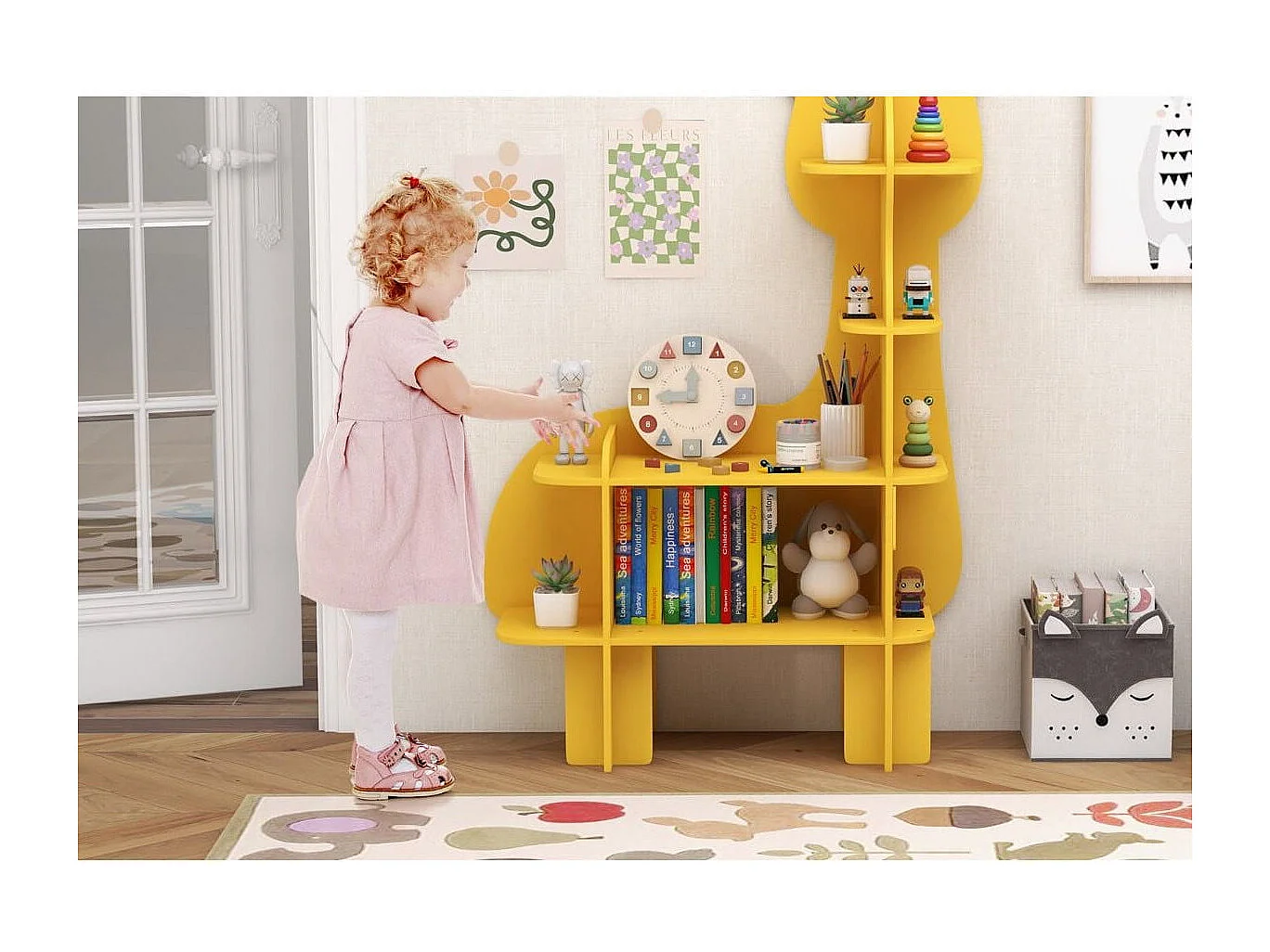 Libreria in legno per stanza dei bambini, Organizzatore di archiviazione giocattoli adorabile per sala giochi Giallo