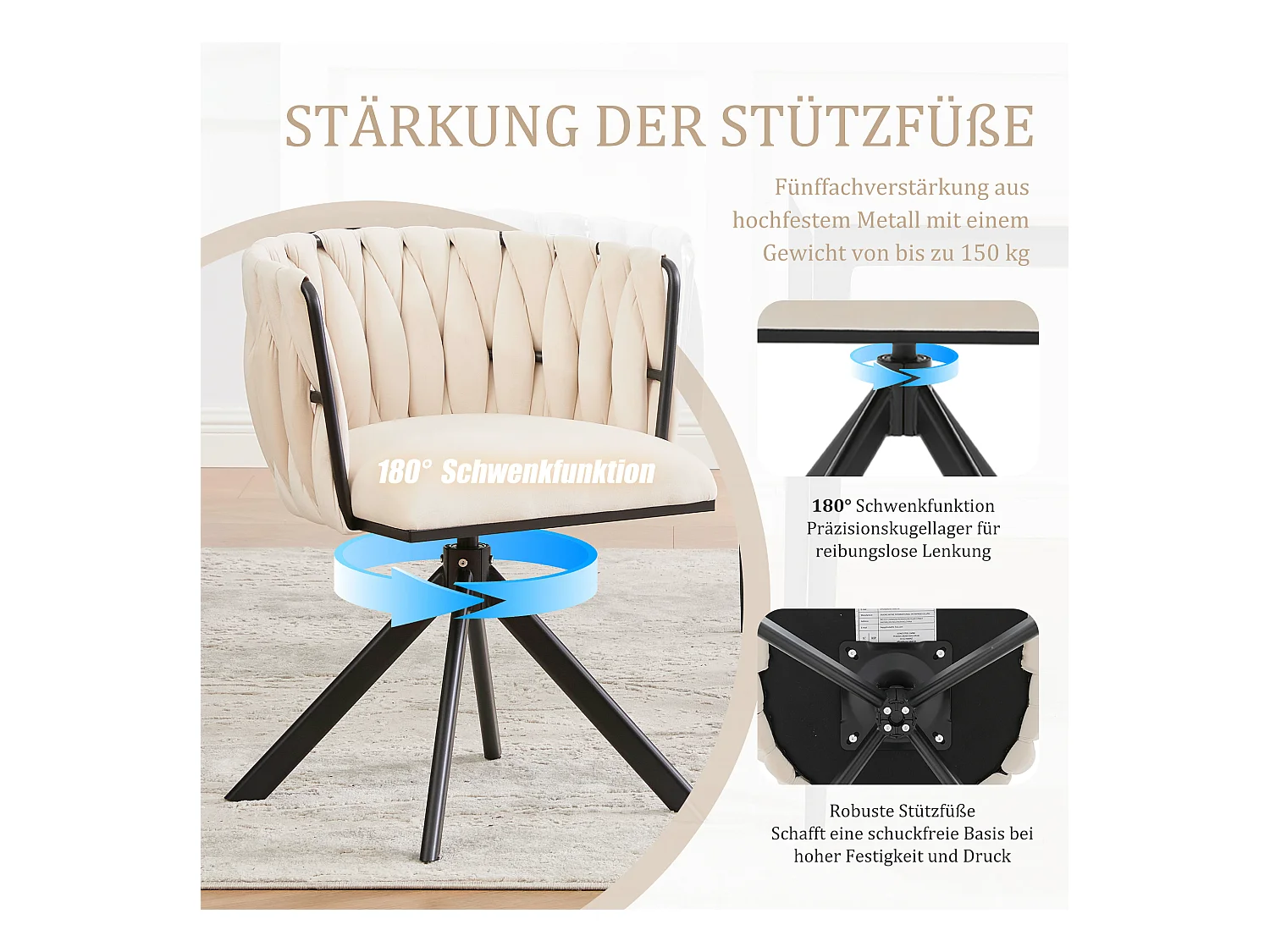 Lot de 2 Chaises pivotante beiges - Chaise coquillage avec pieds noirs - Style contemporain