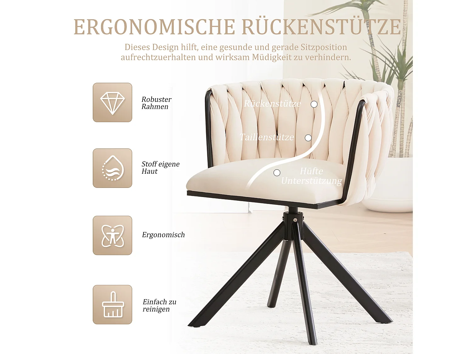 Lot de 2 Chaises pivotante beiges - Chaise coquillage avec pieds noirs - Style contemporain