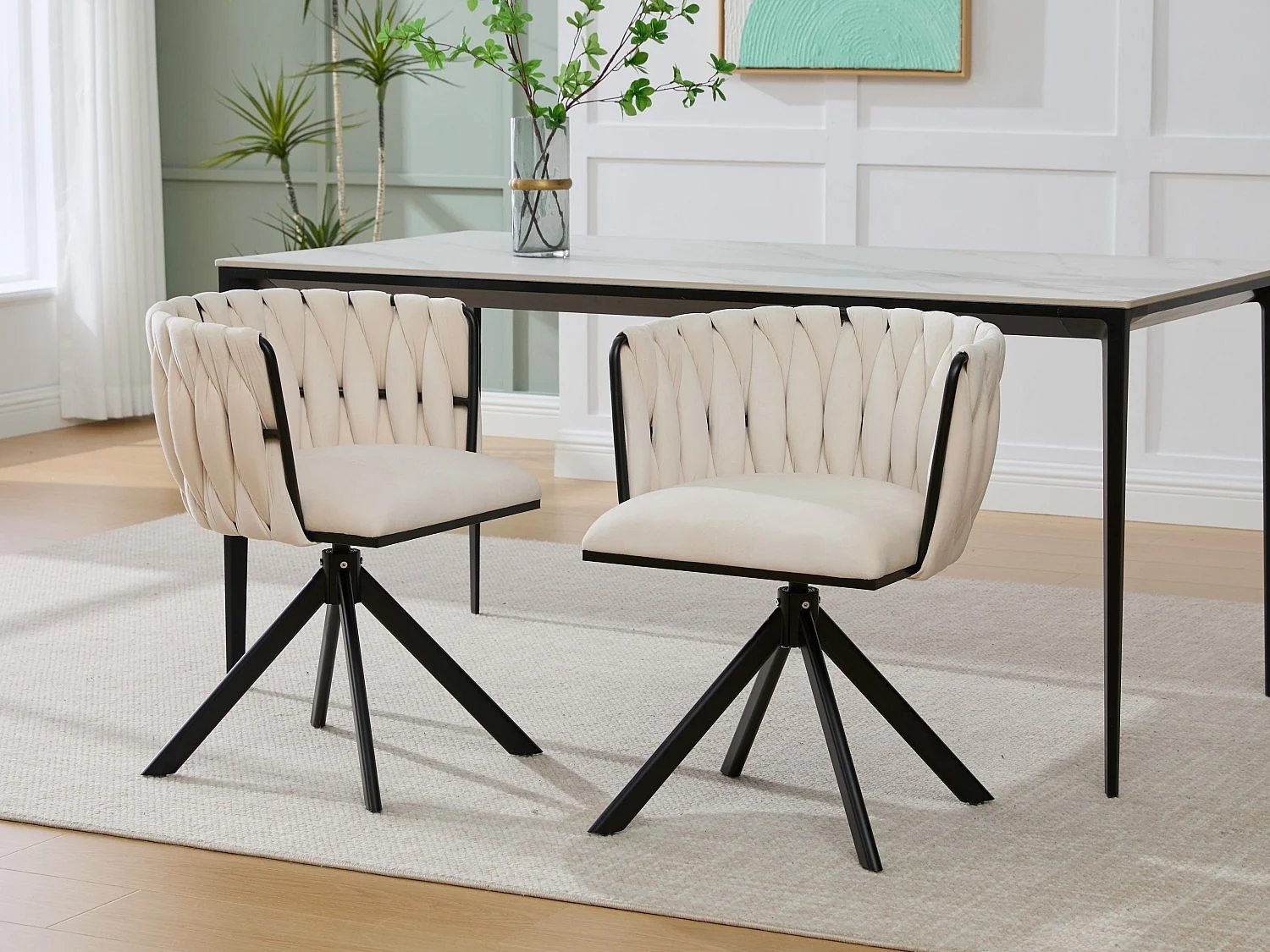 Lot de 2 Chaises pivotante beiges - Chaise coquillage avec pieds noirs - Style contemporain