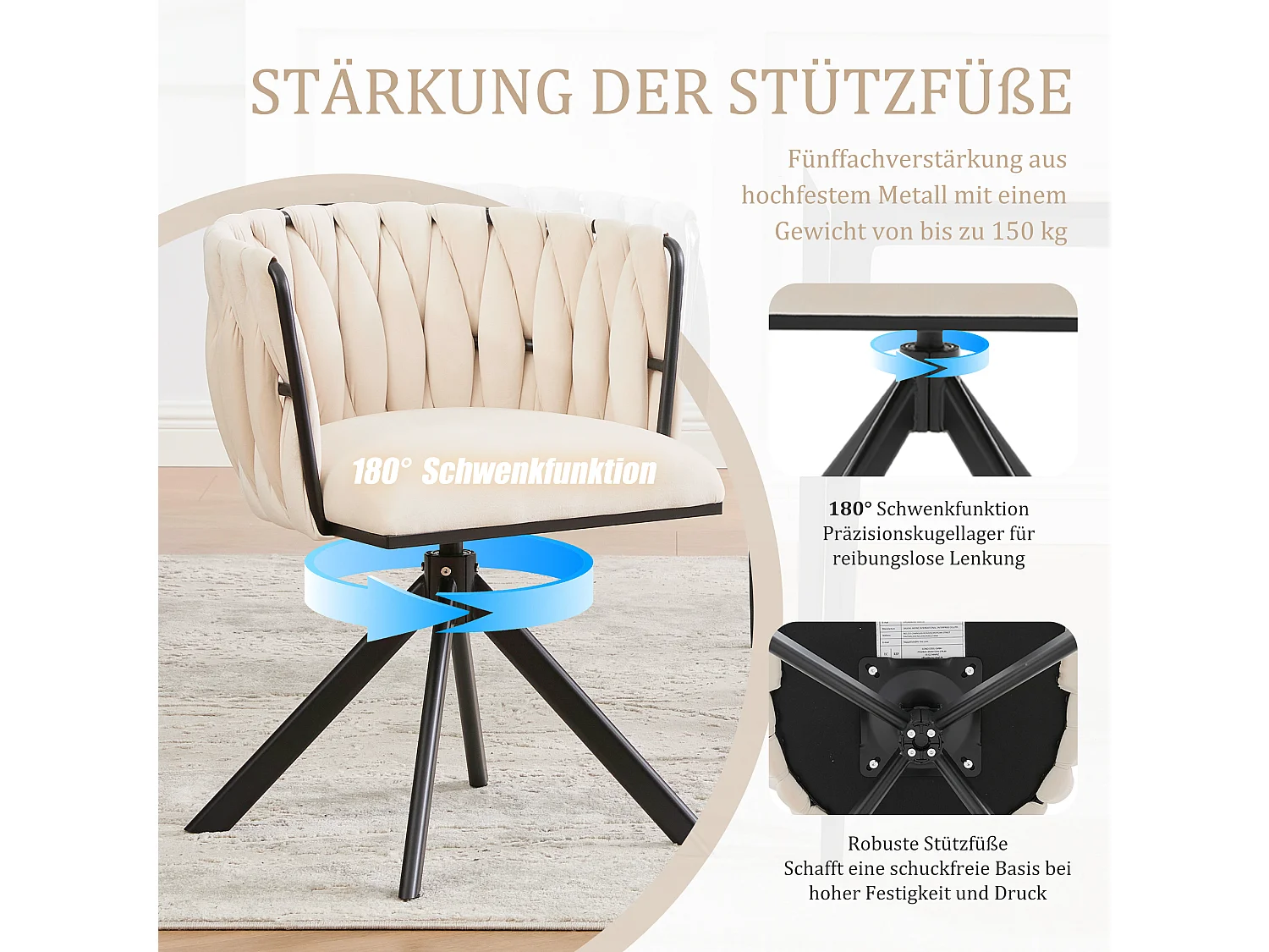 Lot de 2 Chaises pivotante beiges - Chaise coquillage avec pieds noirs - Style contemporain