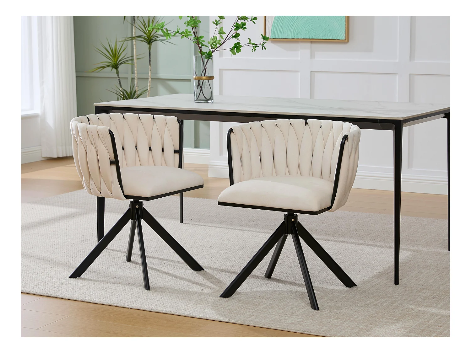 Lot de 2 Chaises pivotante beiges - Chaise coquillage avec pieds noirs - Style contemporain