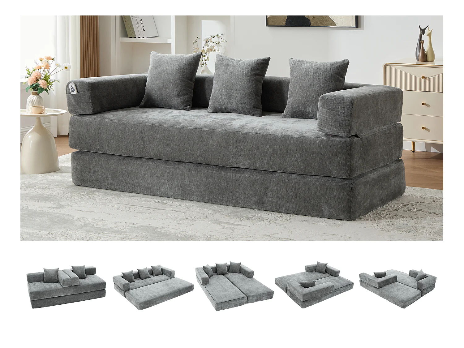Canapé modulable en chenille gris - Canapé convertible en plusieurs formes - 3 coussins inclus - Parfait pour salon, chambre et bureau
