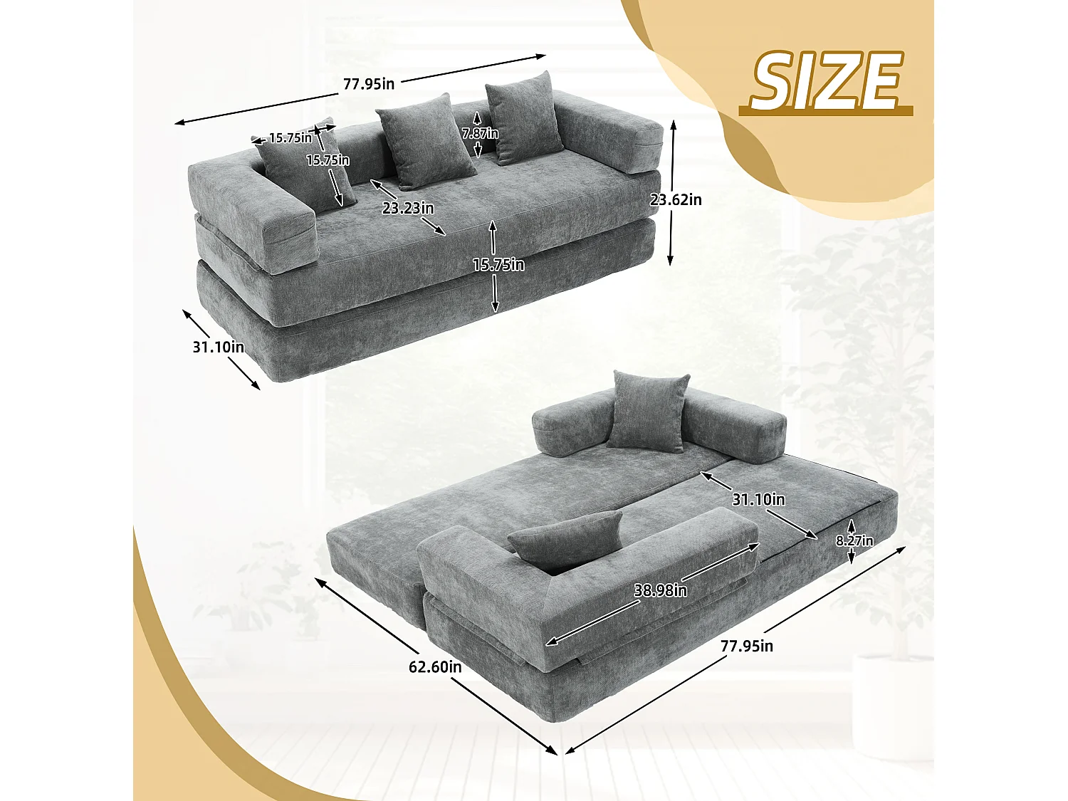 Kaleido 1.0 - Sofá modular de chenilla - Sofá convertible en varias formas - 3 cojines incluidos - Perfecto para sala, dormitorio y oficina