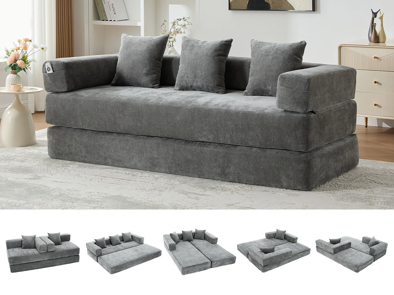 Kaleido 1.0 - Canapé modulable en chenille gris - Canapé convertible en plusieurs formes - 3 coussins inclus - Parfait pour salon, chambre et bureau