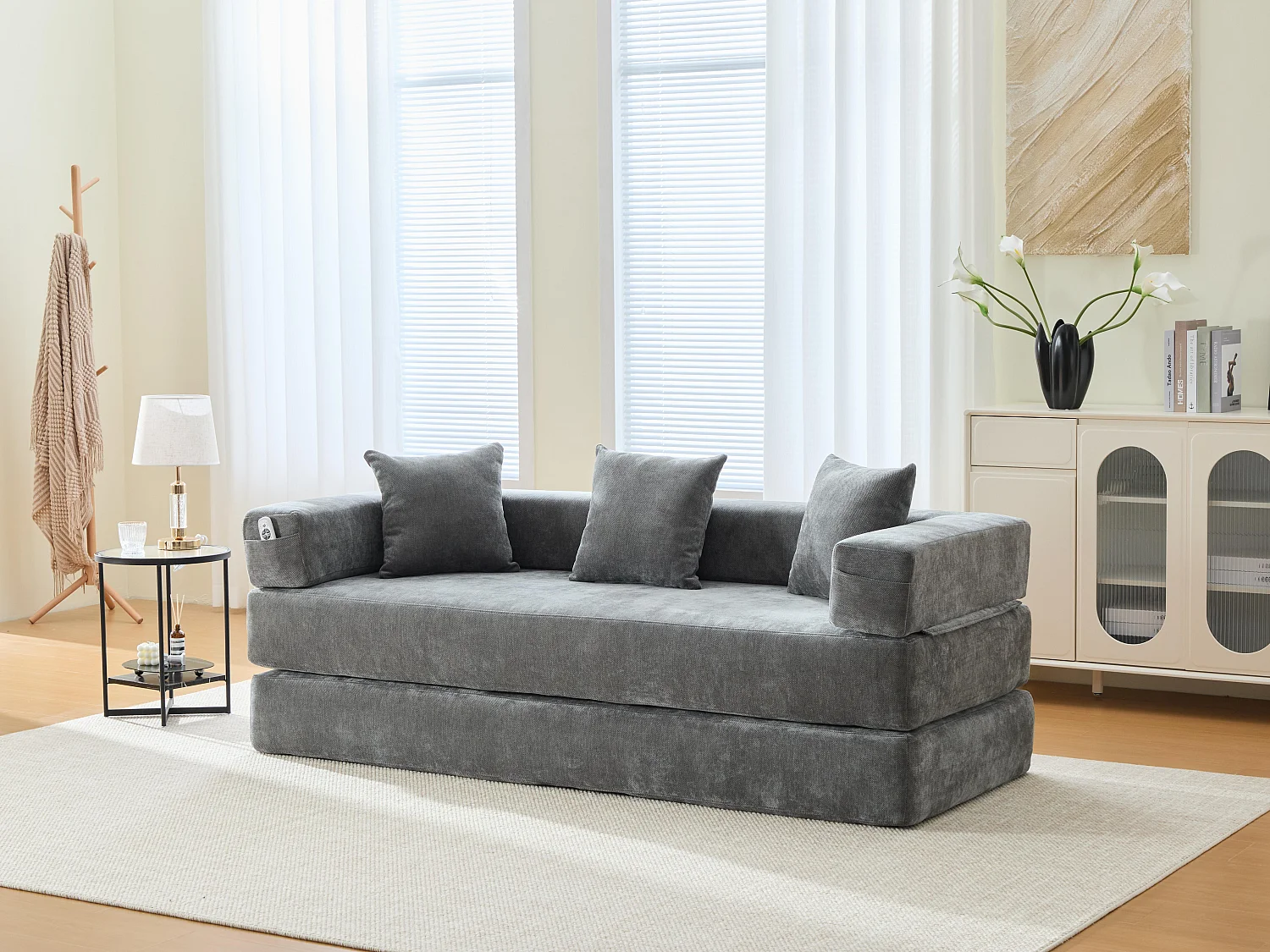 Kaleido 1.0 - Canapé modulable en chenille gris - Canapé convertible en plusieurs formes - 3 coussins inclus - Parfait pour salon, chambre et bureau