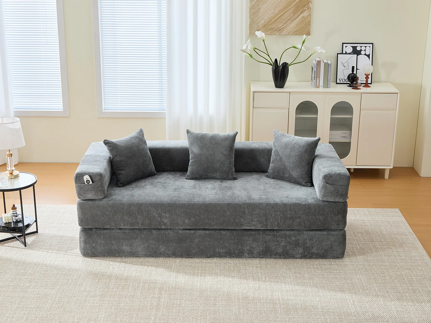 Kaleido 1.0 - Canapé modulable en chenille gris - Canapé convertible en plusieurs formes - 3 coussins inclus - Parfait pour salon, chambre et bureau