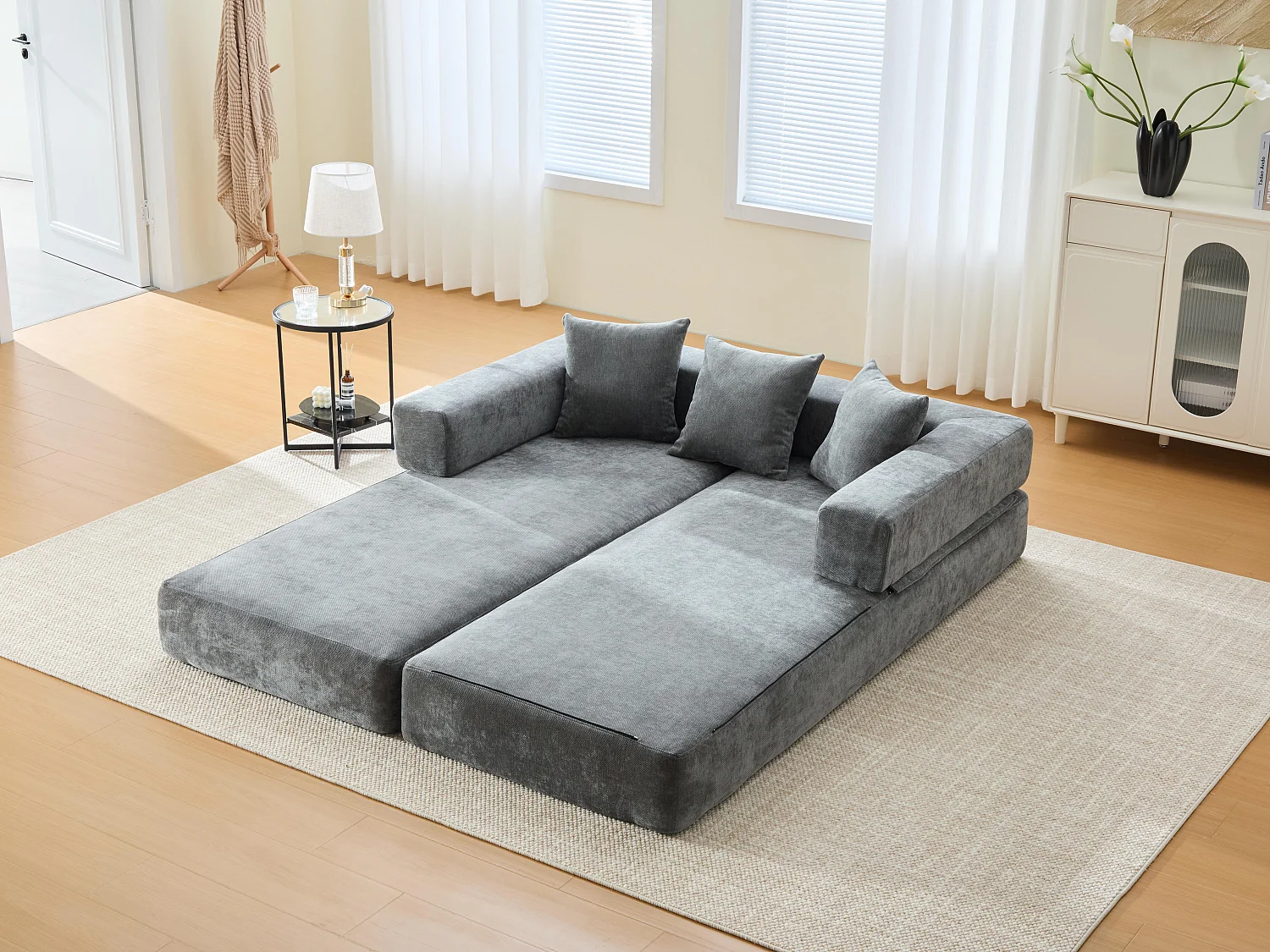 Kaleido 1.0 - Canapé modulable en chenille gris - Canapé convertible en plusieurs formes - 3 coussins inclus - Parfait pour salon, chambre et bureau
