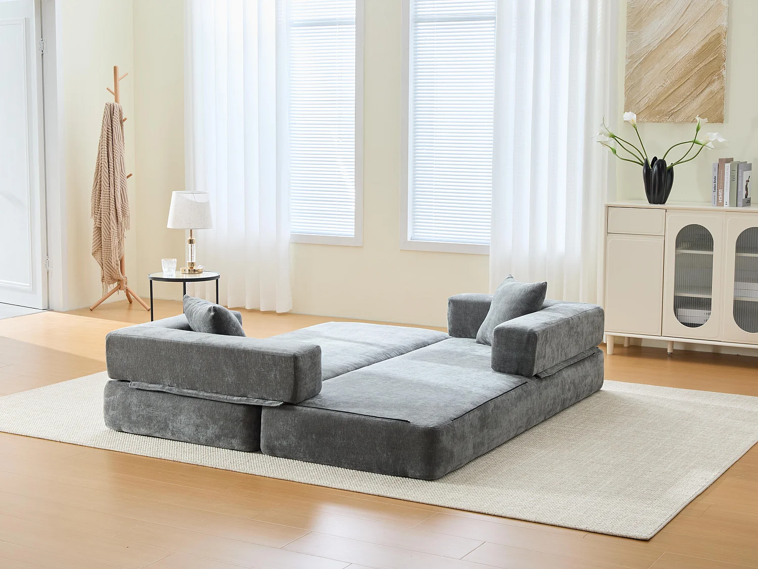 Kaleido 1.0 - Canapé modulable en chenille gris - Canapé convertible en plusieurs formes - 3 coussins inclus - Parfait pour salon, chambre et bureau