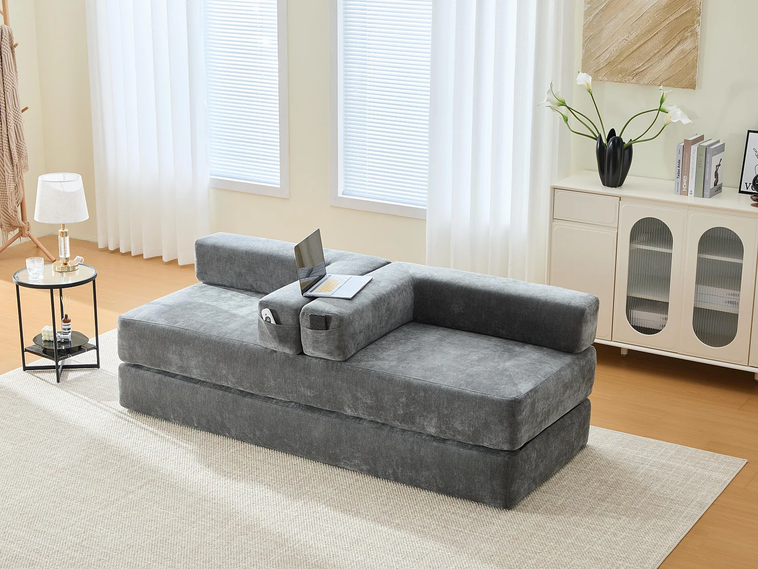 Kaleido 1.0 - Canapé modulable en chenille gris - Canapé convertible en plusieurs formes - 3 coussins inclus - Parfait pour salon, chambre et bureau