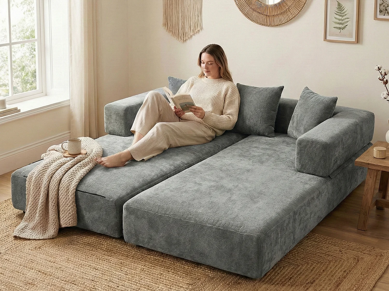 Kaleido 1.0 - Sofá modular de chenilla - Sofá convertible en varias formas - 3 cojines incluidos - Perfecto para sala, dormitorio y oficina