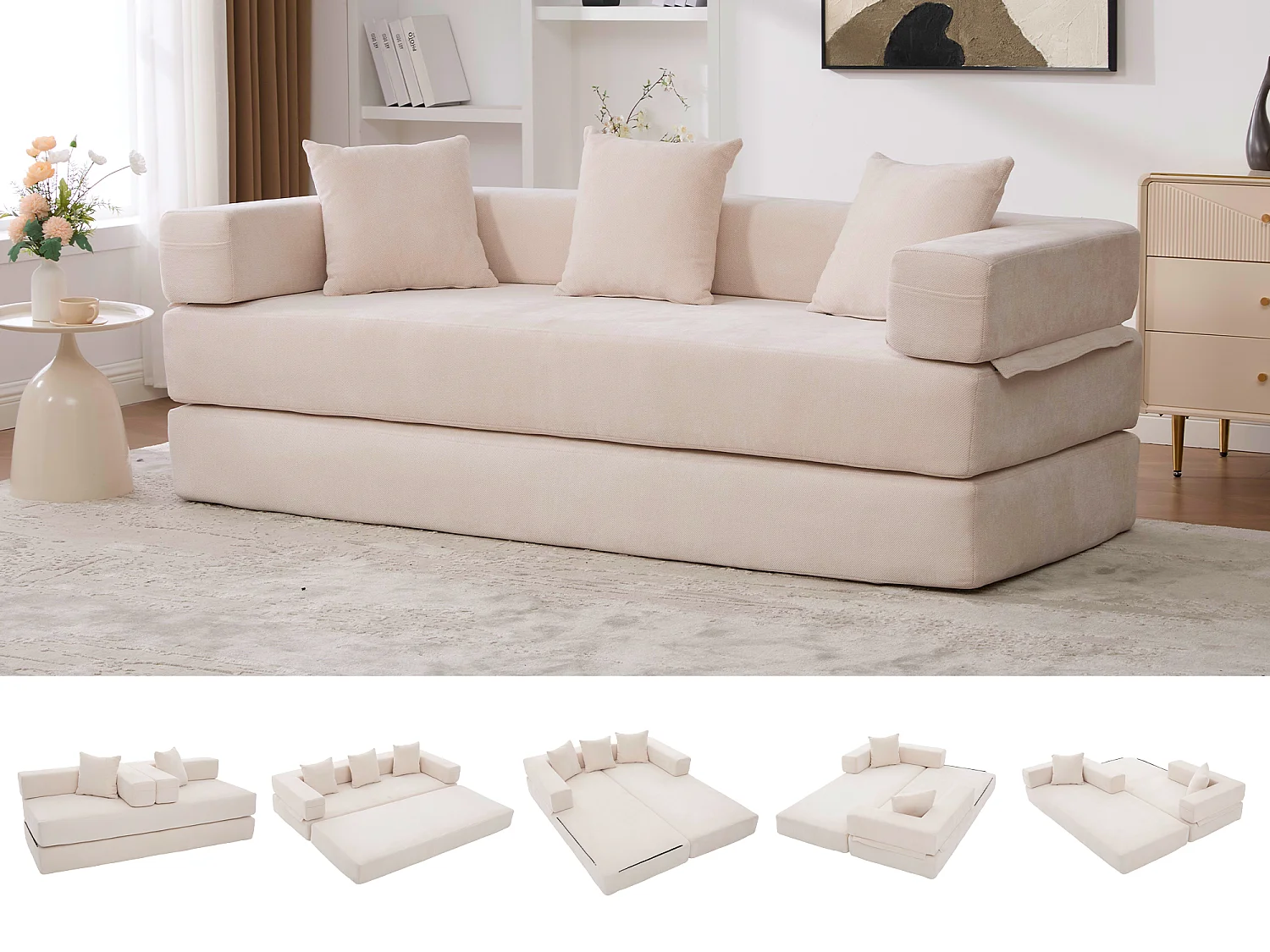 Kaleido 1.0 - Canapé modulable en chenille beige - Canapé convertible en plusieurs formes - 3 coussins inclus - Parfait pour salon, chambre et bureau