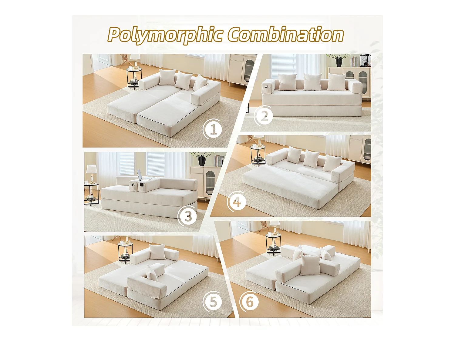 Kaleido 1.0 - Canapé modulable en chenille beige - Canapé convertible en plusieurs formes - 3 coussins inclus - Parfait pour salon, chambre et bureau