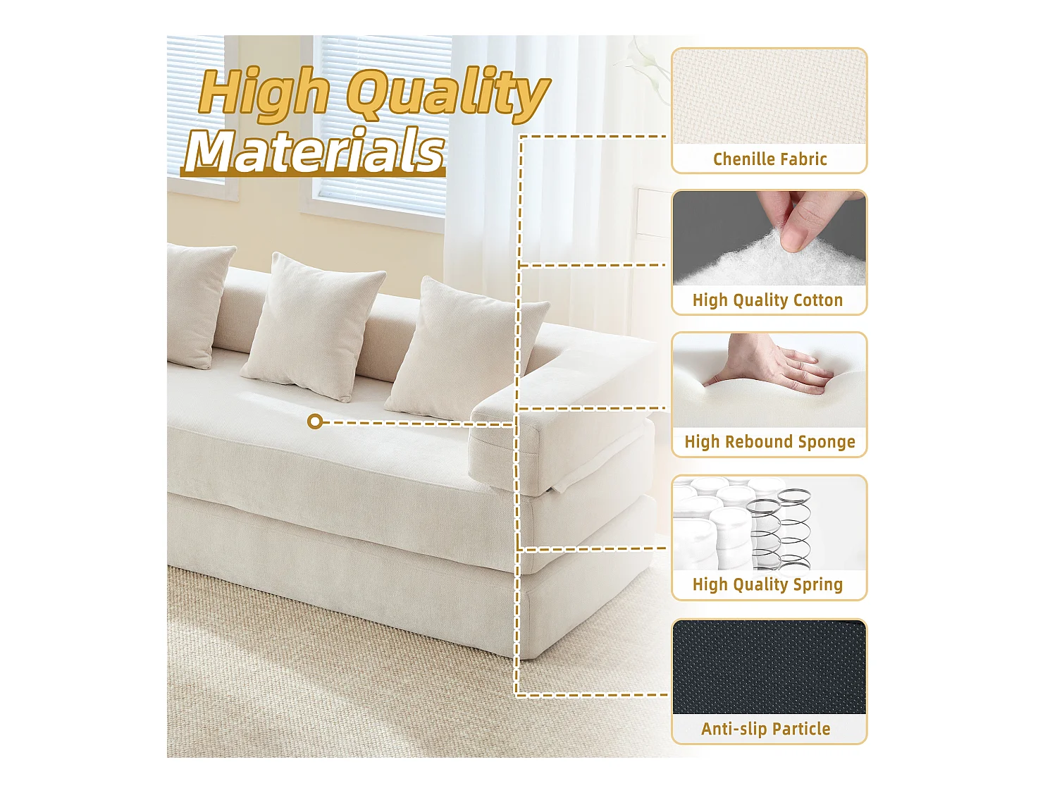 Kaleido 1.0 - Canapé modulable en chenille beige - Canapé convertible en plusieurs formes - 3 coussins inclus - Parfait pour salon, chambre et bureau