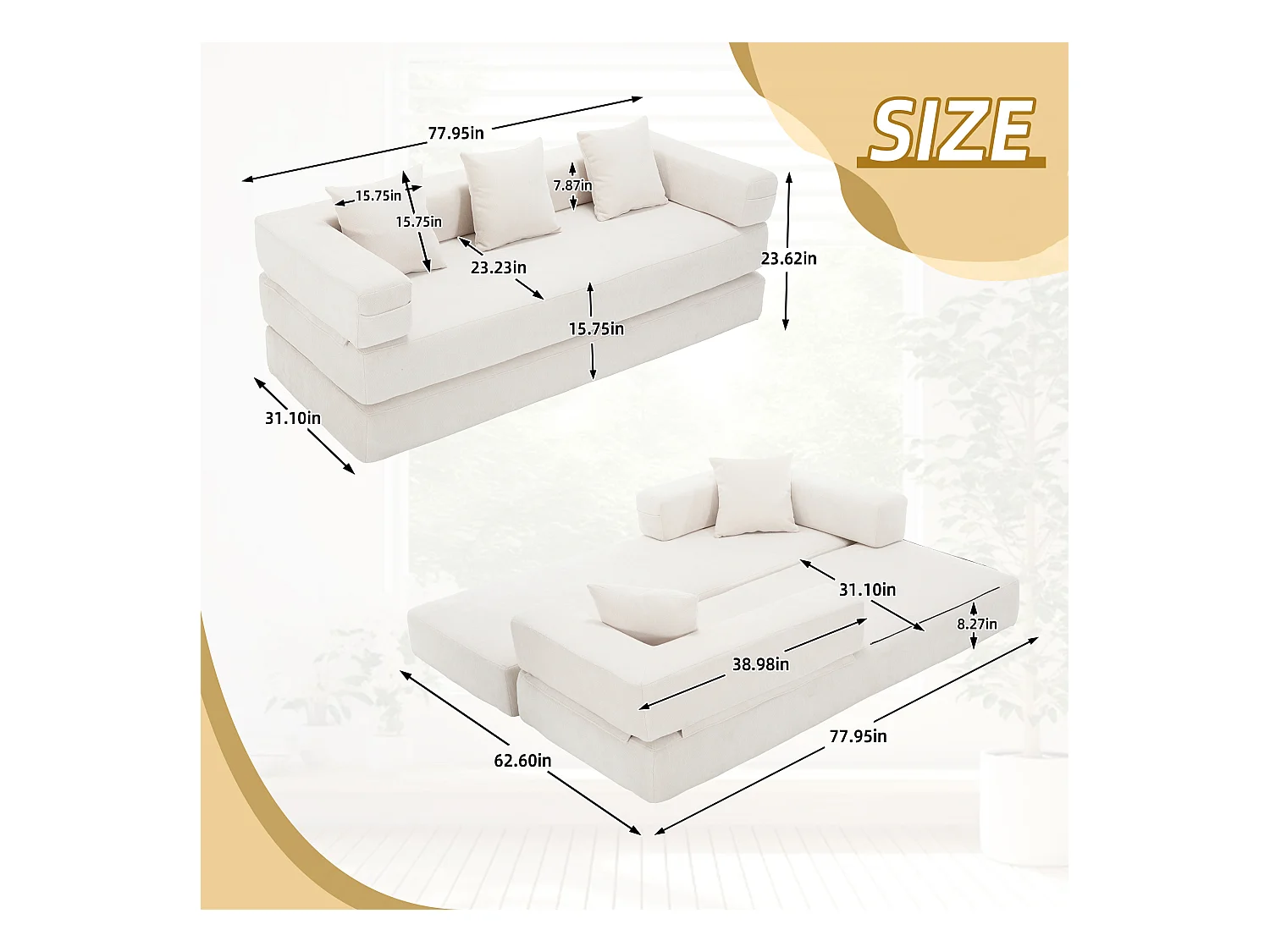 Kaleido 1.0 - Canapé modulable en chenille beige - Canapé convertible en plusieurs formes - 3 coussins inclus - Parfait pour salon, chambre et bureau