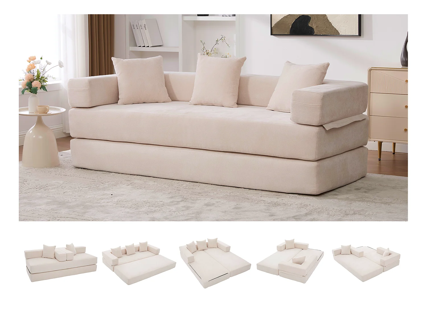 Canapé modulable en chenille beige - Canapé convertible en plusieurs formes - 3 coussins inclus - Parfait pour salon, chambre et bureau