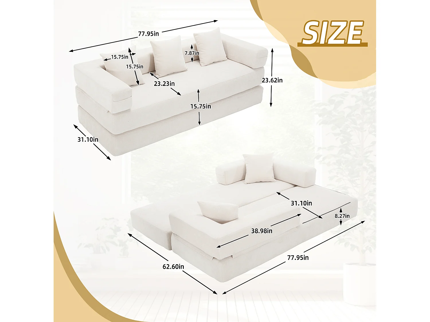 Kaleido 1.0 - Canapé modulable en chenille beige - Canapé convertible en plusieurs formes - 3 coussins inclus - Parfait pour salon, chambre et bureau