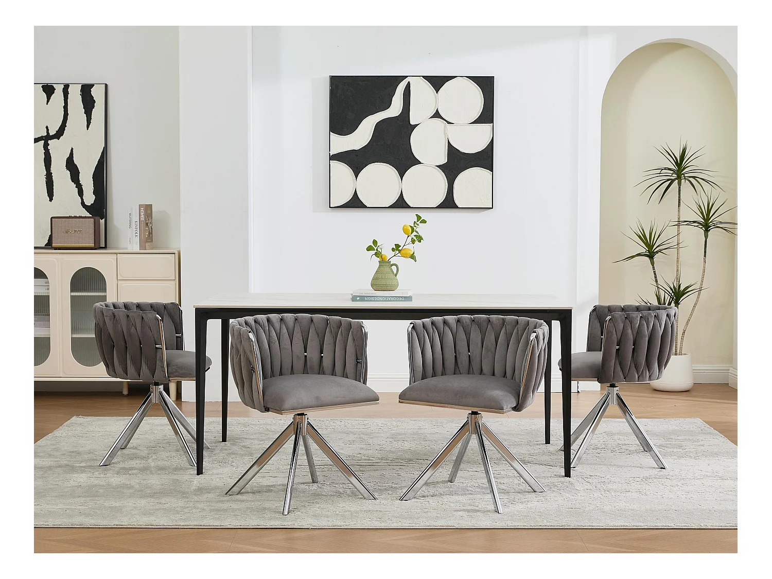 Set van 4 grijze draaistoelen - Schelpstoel met zilveren metalen poten - Hedendaagse stijl