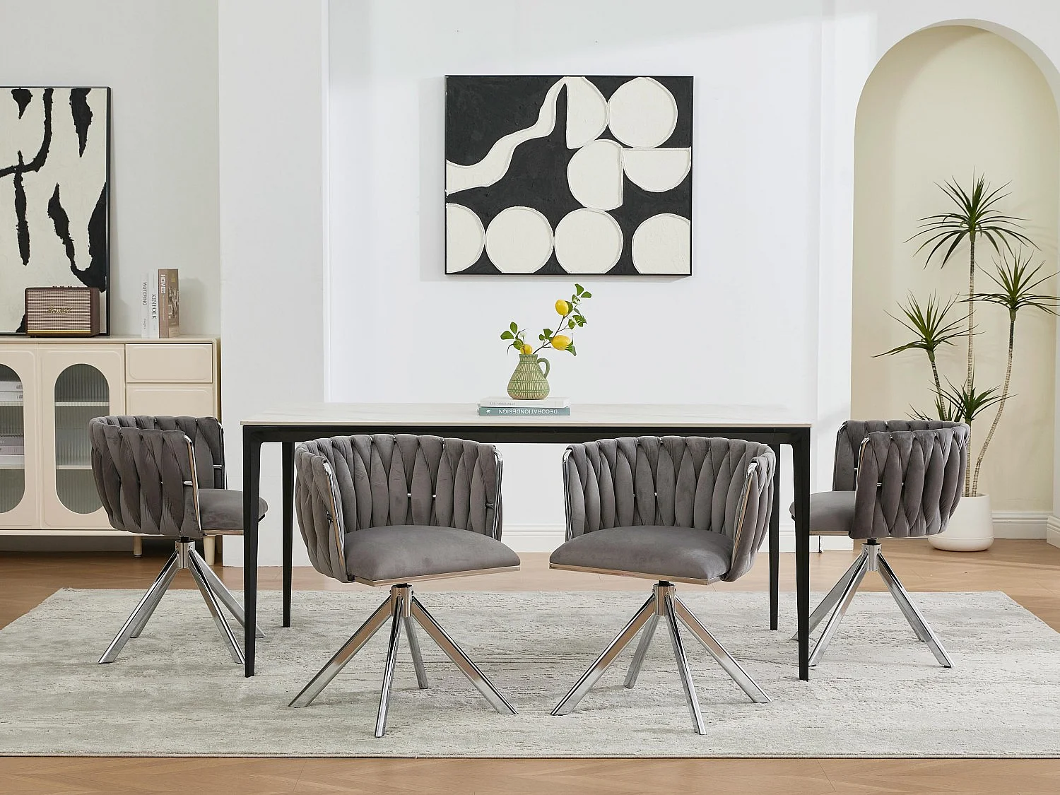 Set van 4 grijze draaistoelen - Schelpstoel met zilveren metalen poten - Hedendaagse stijl