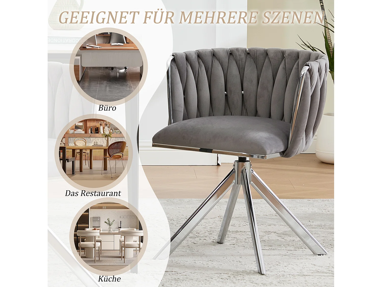 Set van 4 grijze draaistoelen - Schelpstoel met zilveren metalen poten - Hedendaagse stijl
