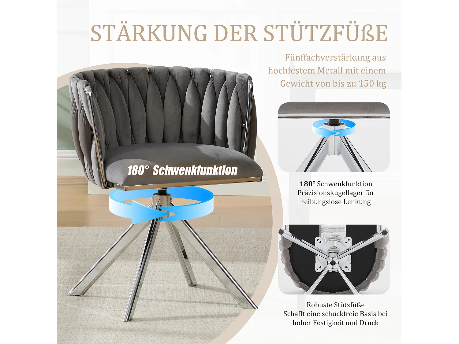 Set van 4 grijze draaistoelen - Schelpstoel met zilveren metalen poten - Hedendaagse stijl