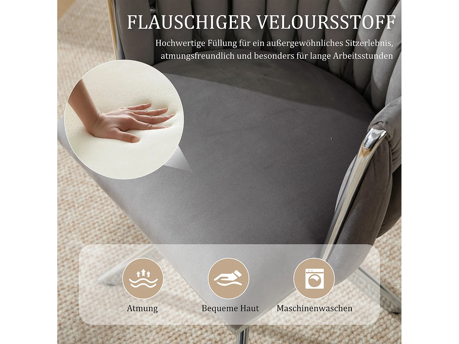 Set van 4 grijze draaistoelen - Schelpstoel met zilveren metalen poten - Hedendaagse stijl