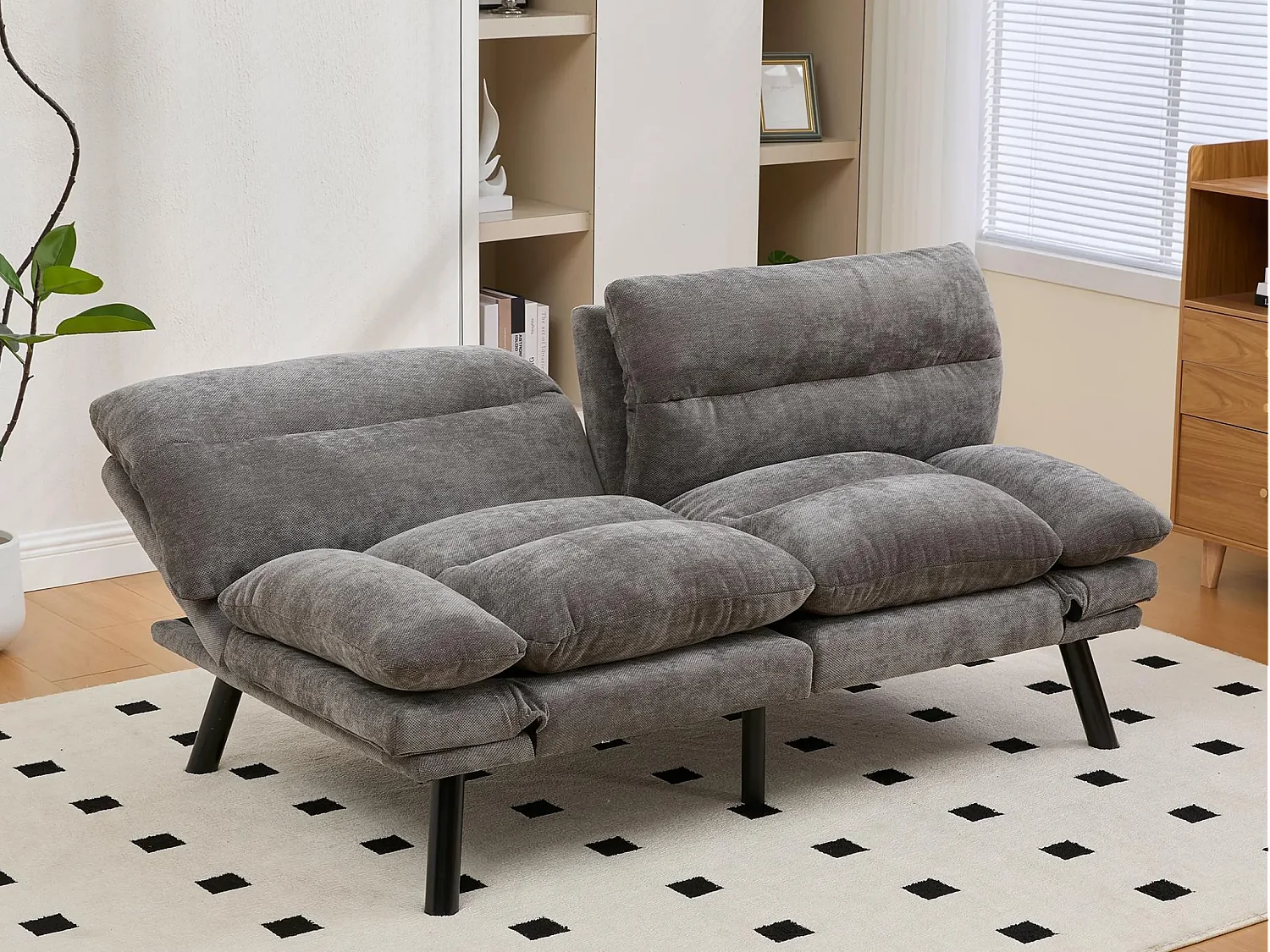 Canapé convertible 2 places gris anthracite en tissu chenille - avec fonction rabattable - Confort et praticité, idéal pour salon, chambre ou petit espace