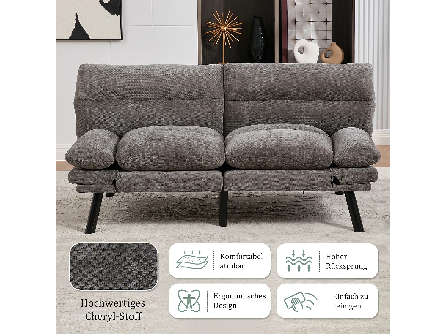 Canapé convertible 2 places gris anthracite en tissu chenille - avec fonction rabattable - Confort et praticité, idéal pour salon, chambre ou petit espace