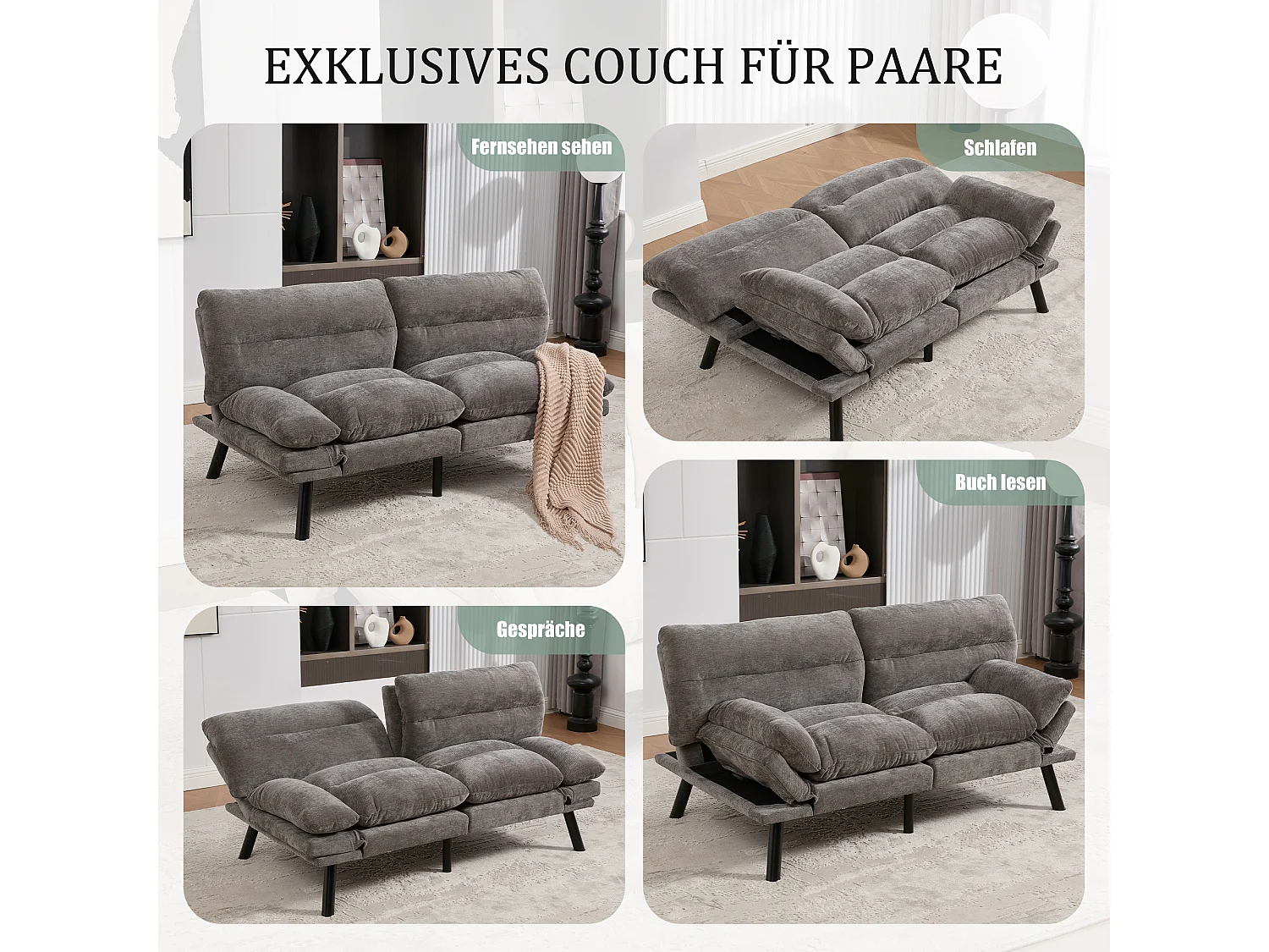 Canapé convertible 2 places gris anthracite en tissu chenille - avec fonction rabattable - Confort et praticité, idéal pour salon, chambre ou petit espace