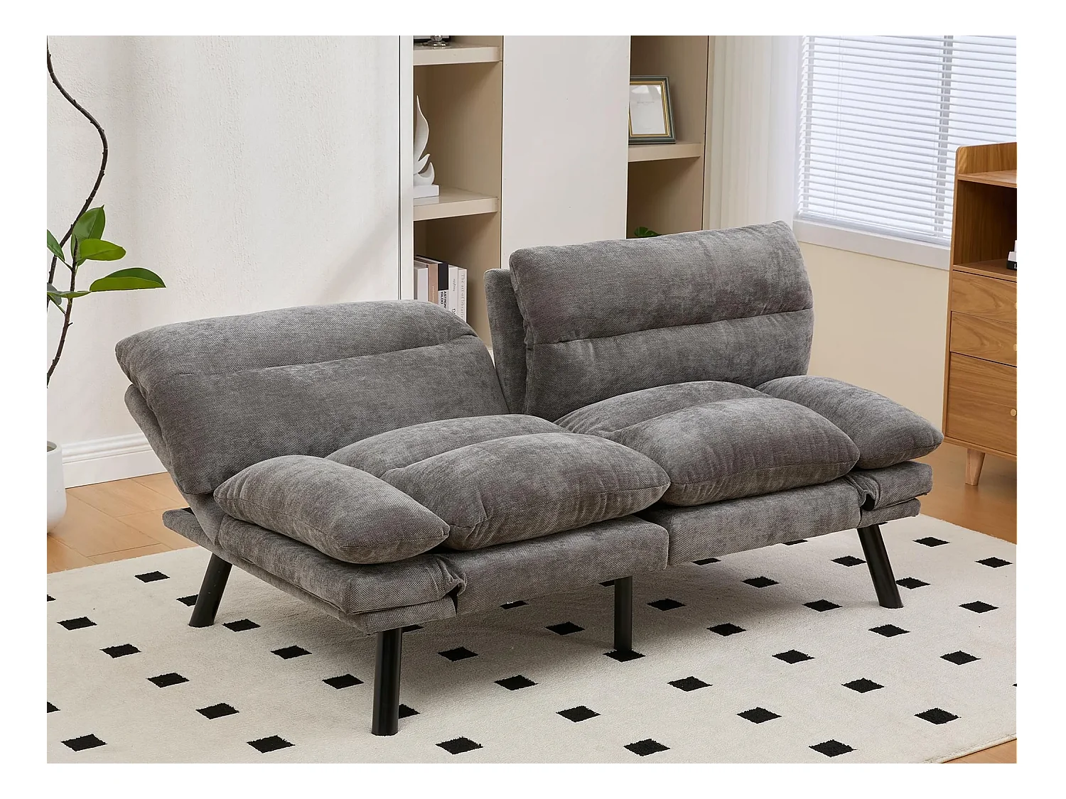 Canapé convertible 2 places gris anthracite en tissu chenille - avec fonction rabattable - Confort et praticité, idéal pour salon, chambre ou petit espace