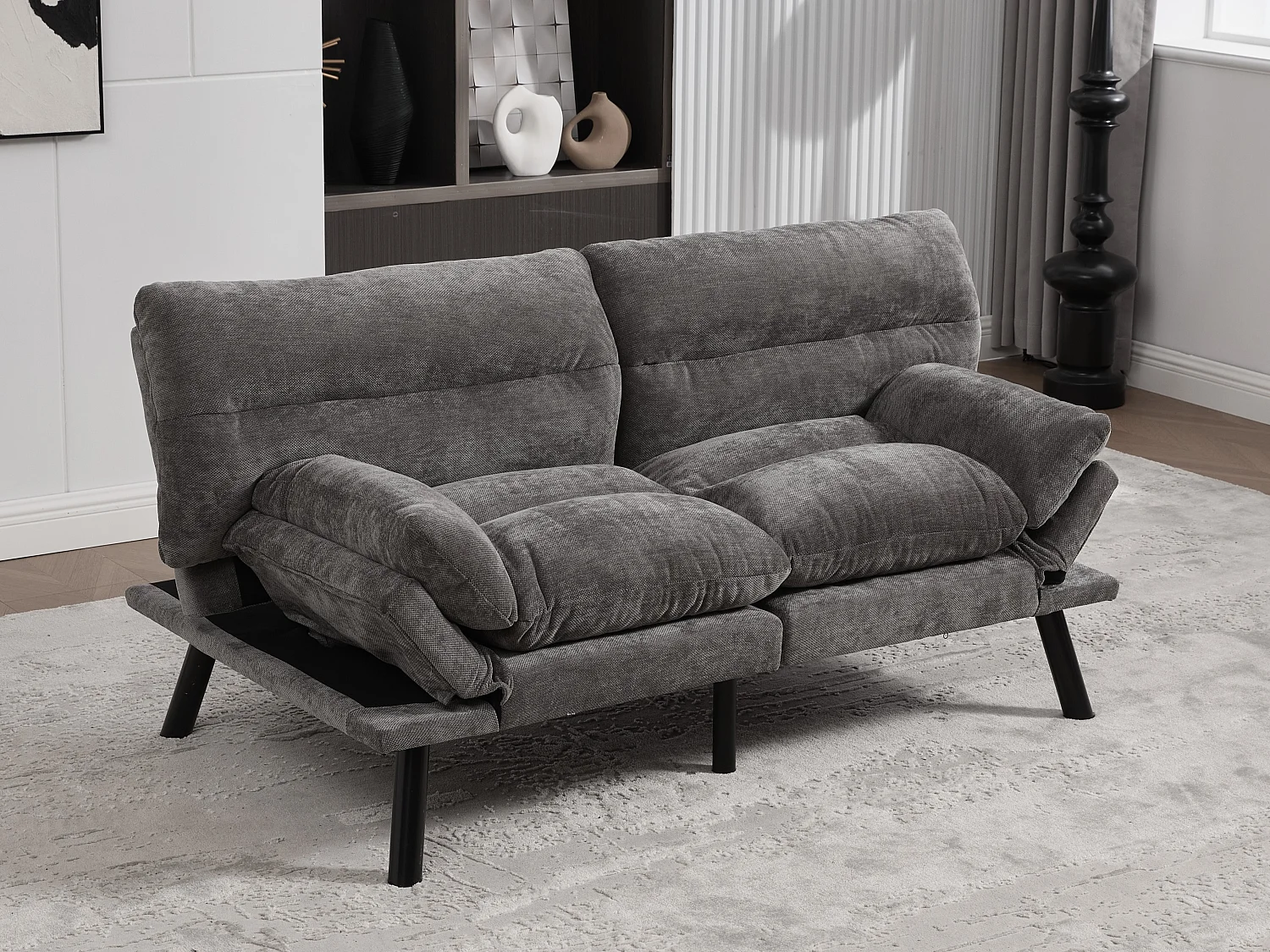 Canapé convertible 2 places gris anthracite en tissu chenille - avec fonction rabattable - Confort et praticité, idéal pour salon, chambre ou petit espace