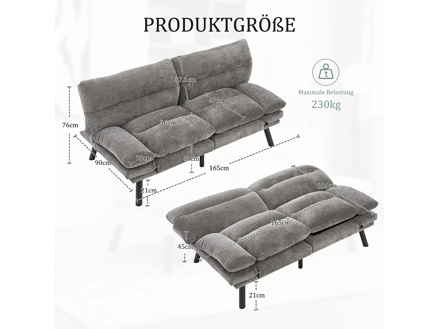 Canapé convertible 2 places gris anthracite en tissu chenille - avec fonction rabattable - Confort et praticité, idéal pour salon, chambre ou petit espace