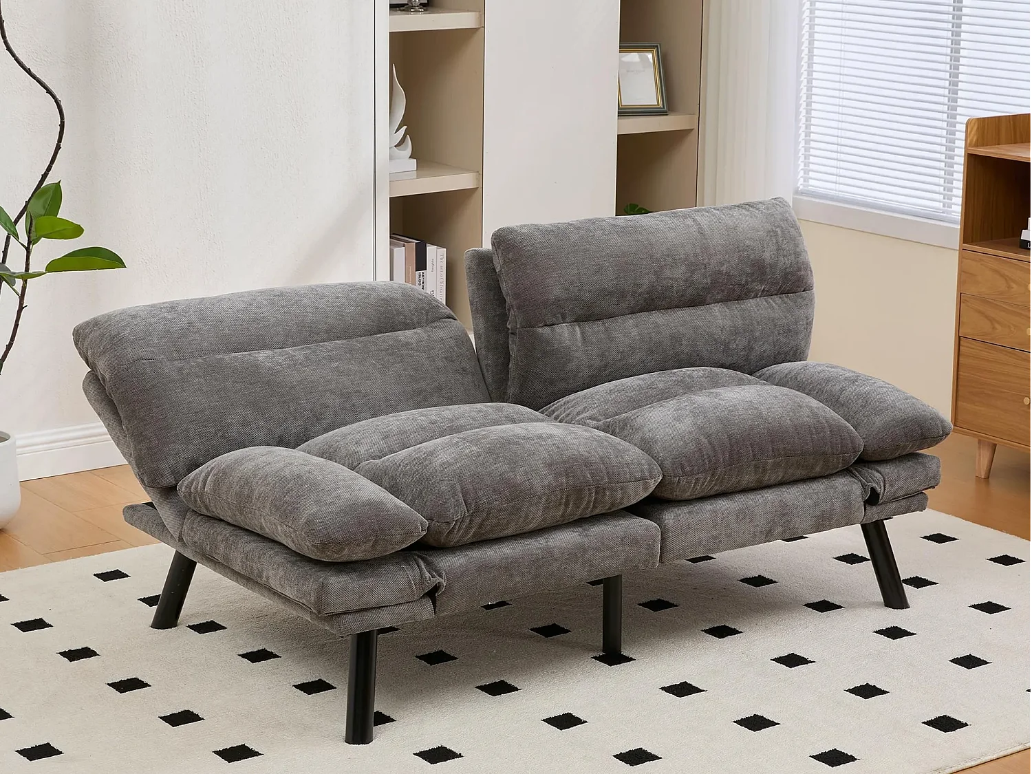 Canapé convertible 2 places gris anthracite en tissu chenille - avec fonction rabattable - Confort et praticité, idéal pour salon, chambre ou petit espace