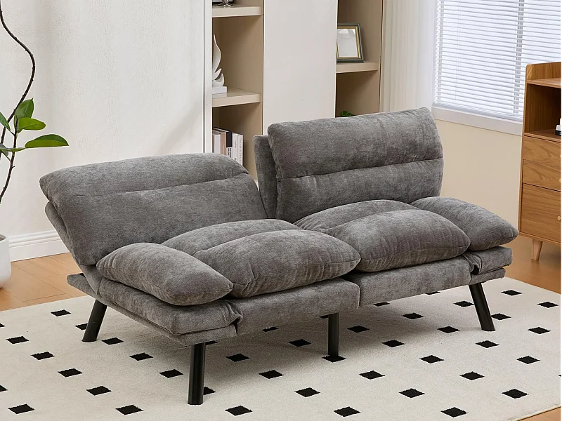Canapé convertible 2 places gris anthracite en tissu chenille - avec fonction rabattable - Confort et praticité, idéal pour salon, chambre ou petit espace