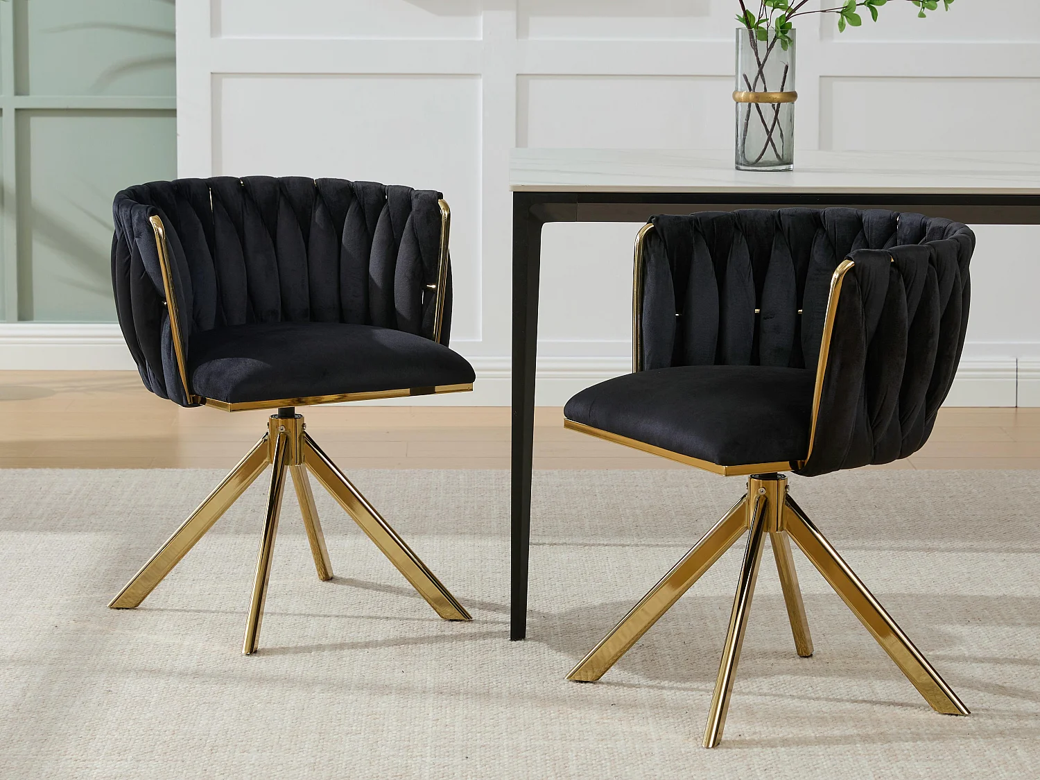 Lot de 2 Chaises pivotante noires - Chaise coquillage avec pieds en métal doré - Style contemporain