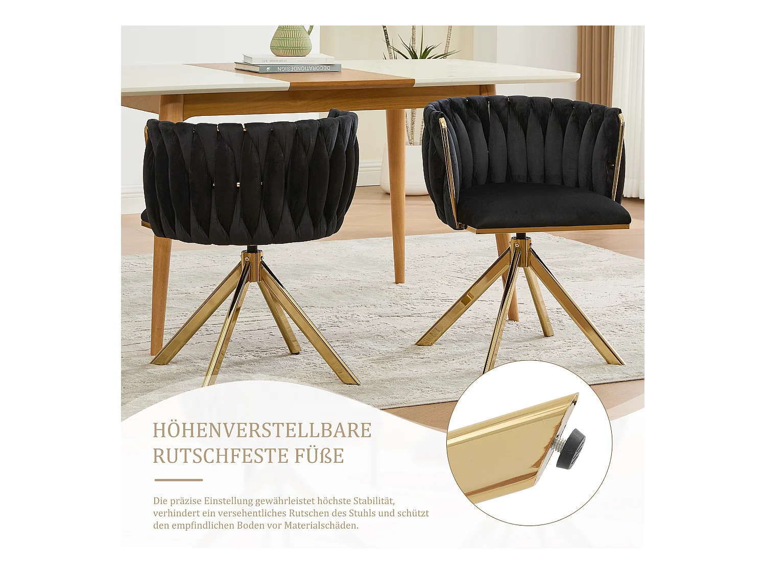 Lot de 2 Chaises pivotante noires - Chaise coquillage avec pieds en métal doré - Style contemporain