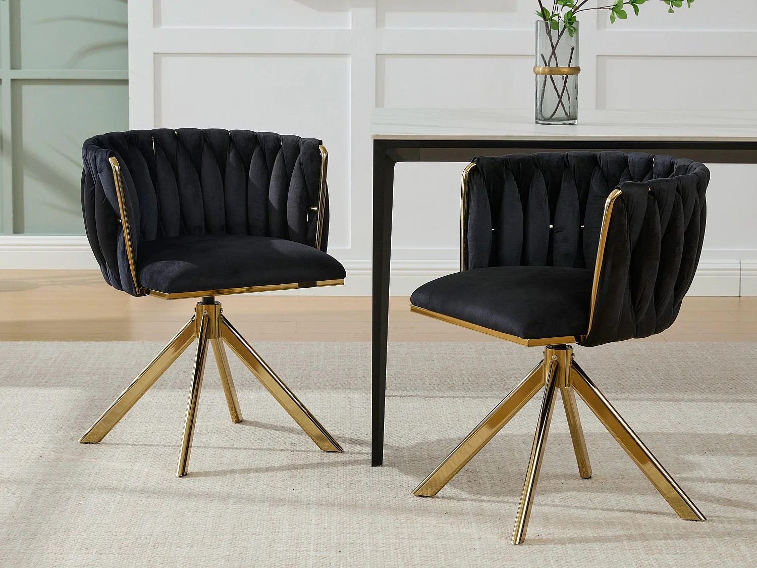 Lot de 2 Chaises pivotante noires - Chaise coquillage avec pieds en métal doré - Style contemporain