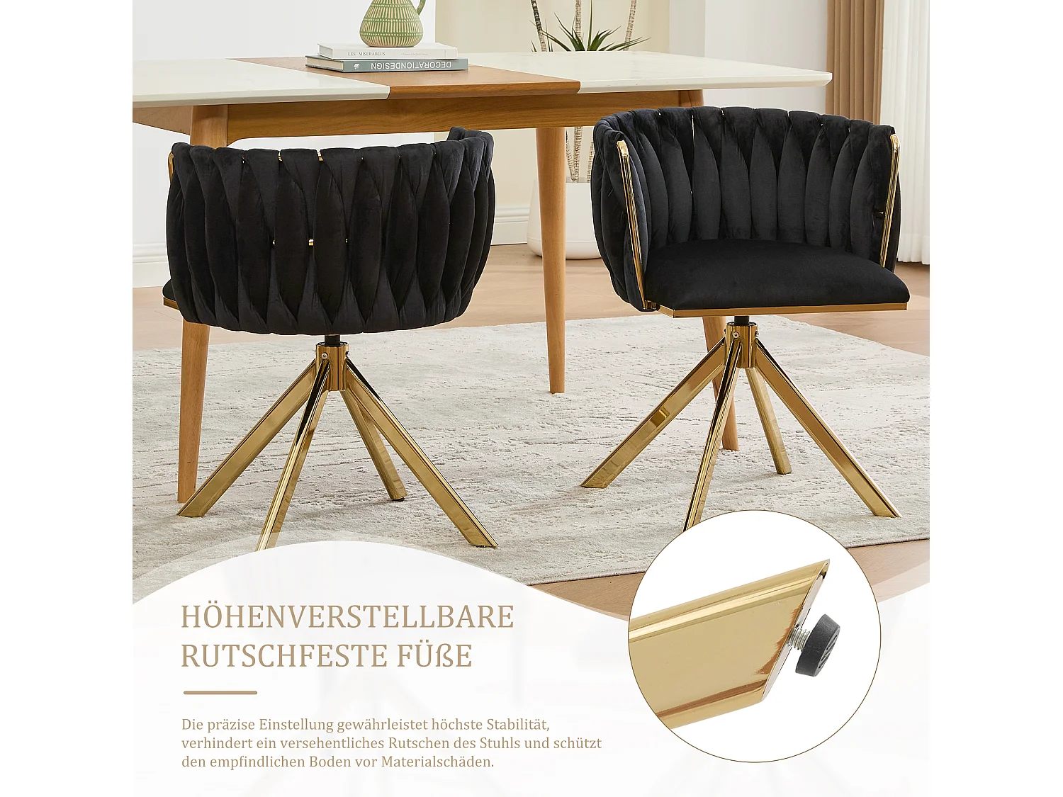 Lot de 2 Chaises pivotante noires - Chaise coquillage avec pieds en métal doré - Style contemporain