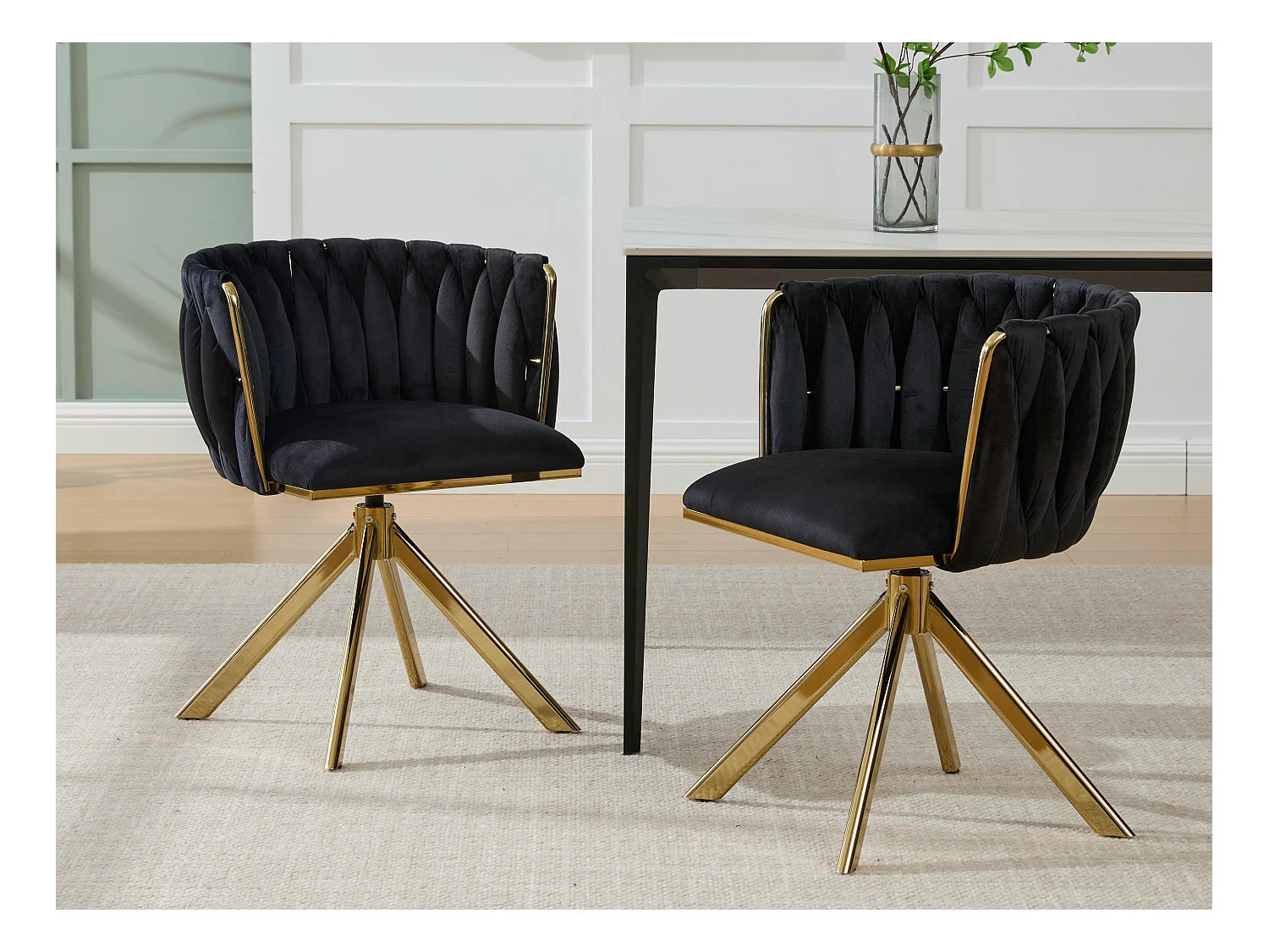 Lot de 2 Chaises pivotante noires - Chaise coquillage avec pieds en métal doré - Style contemporain