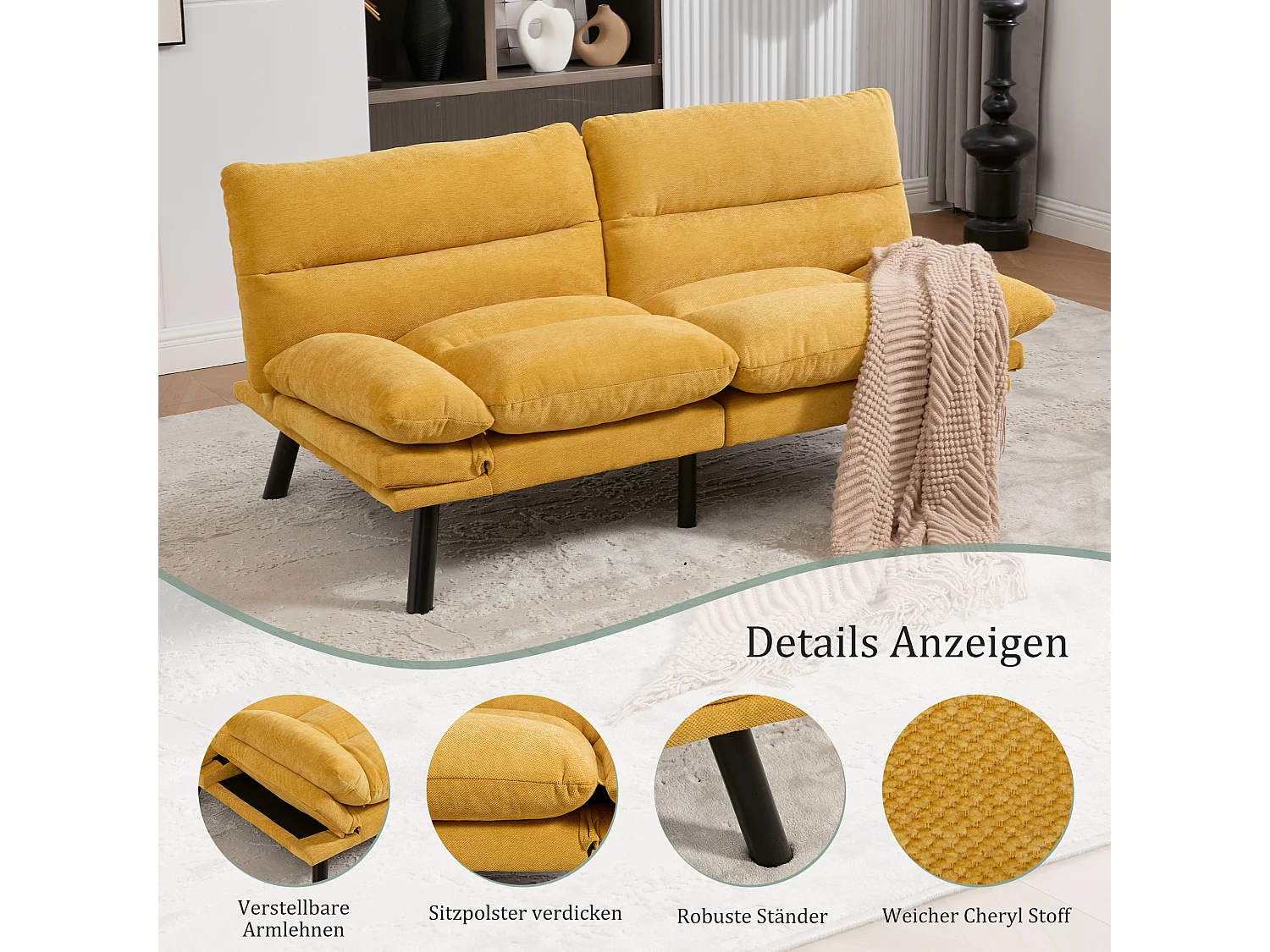 Canapé convertible 2 places jaune en tissu chenille - avec fonction rabattable - Confort et praticité, idéal pour salon, chambre ou petit espace