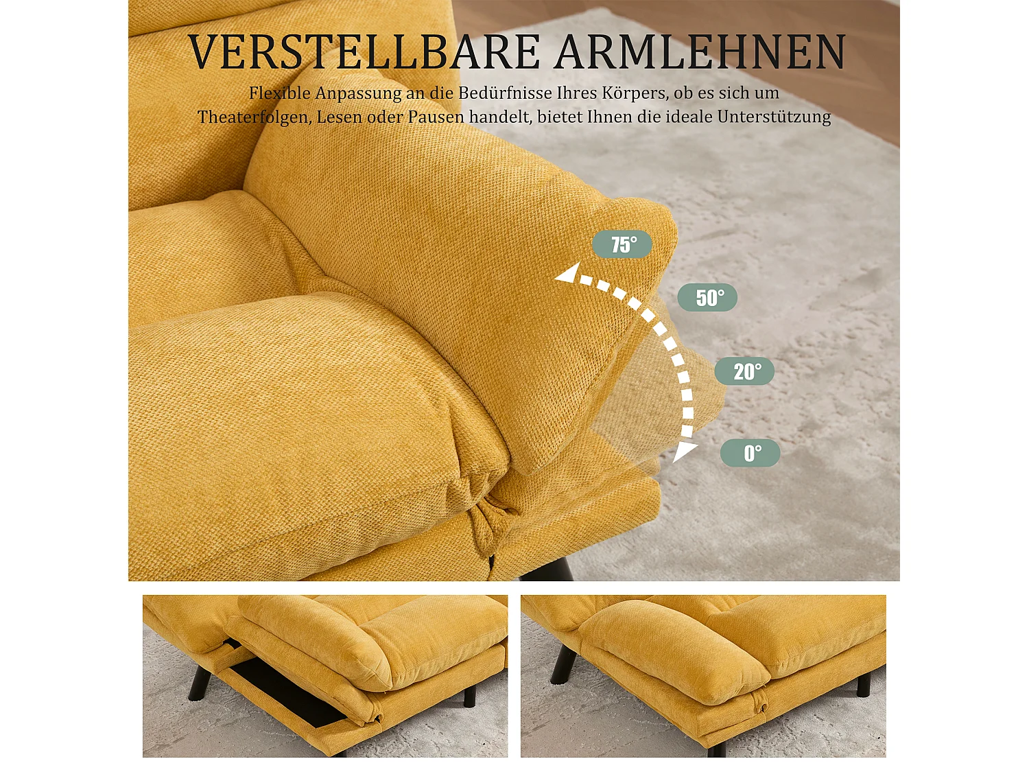 Canapé convertible 2 places jaune en tissu chenille - avec fonction rabattable - Confort et praticité, idéal pour salon, chambre ou petit espace